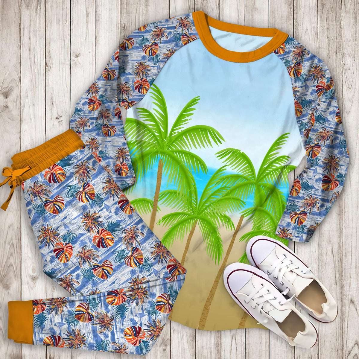 Beach And Palm Pajama Set | Pajamas | Cotton Sleepwear Sets | Soft Long Sleeve Pjs | Raglan Shirt and Pants Set