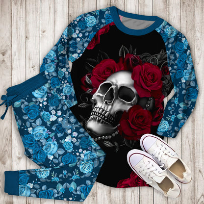 Roses Skull Pajama Set |Sleepwear Pjs Sets | Raglan Shirt Pants Set