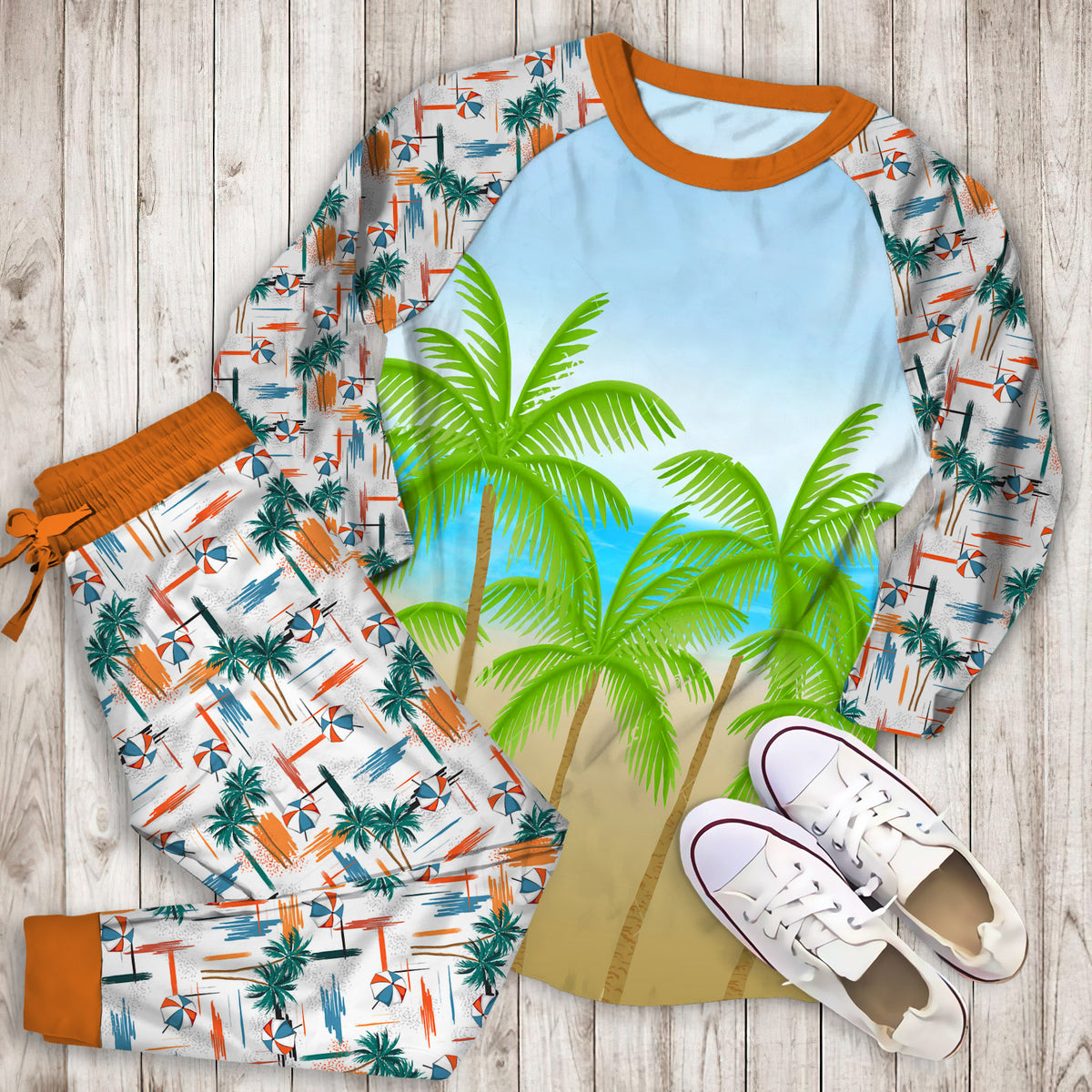 Beach And Palm Pajama Set | Pajamas | Cotton Sleepwear Sets | Soft Long Sleeve Pjs | Raglan Shirt and Pants Set
