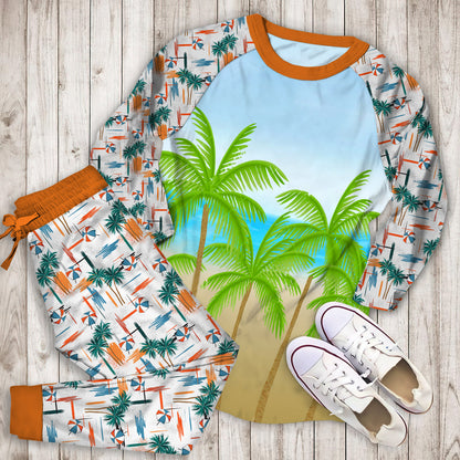 Beach And Palm Pajama Set | Pajamas | Cotton Sleepwear Sets | Soft Long Sleeve Pjs | Raglan Shirt and Pants Set