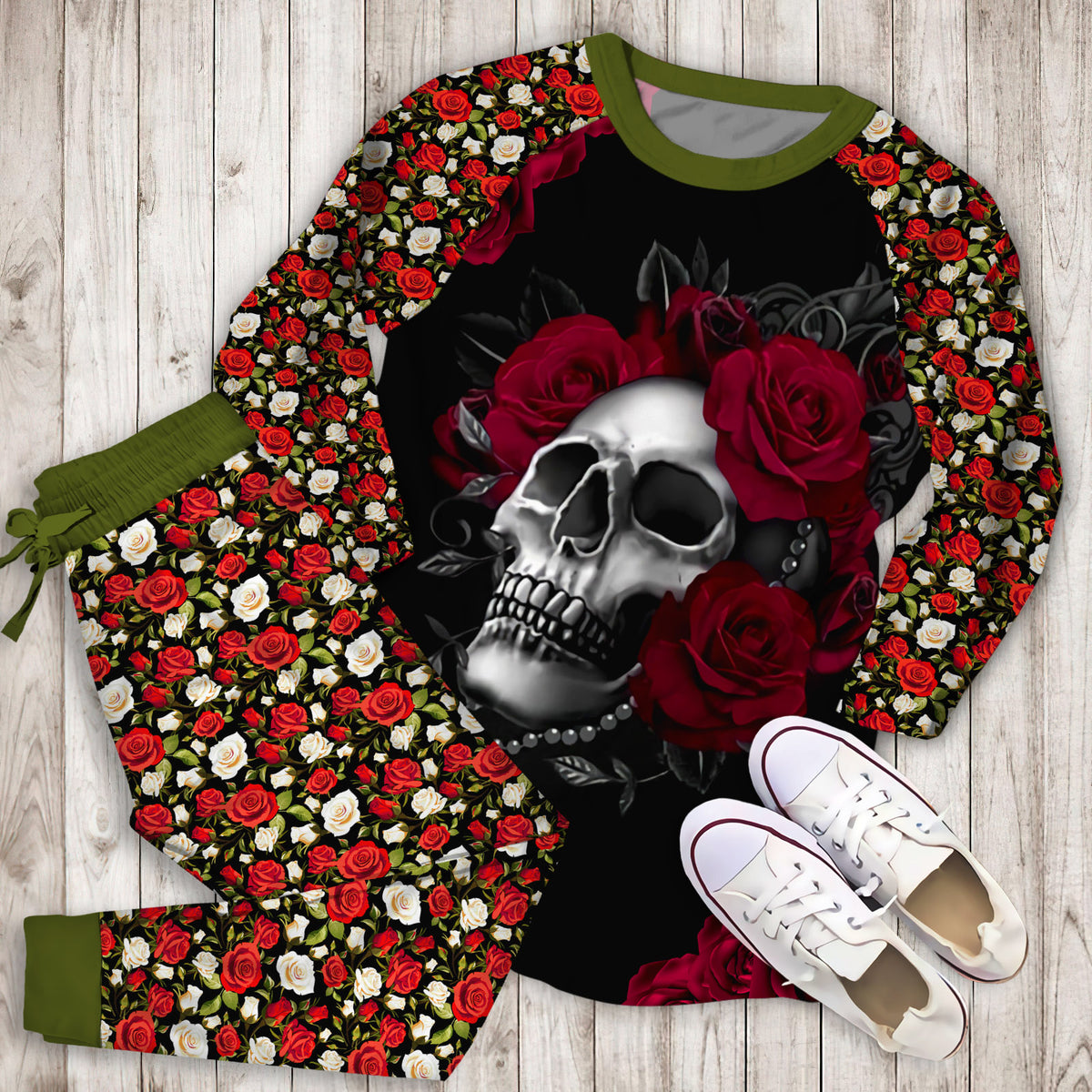 Roses Skull Pajama Set |Sleepwear Pjs Sets | Raglan Shirt Pants Set