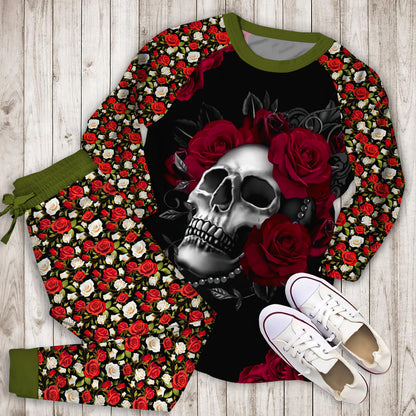 Roses Skull Pajama Set |Sleepwear Pjs Sets | Raglan Shirt Pants Set