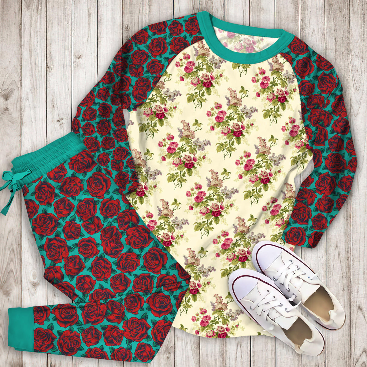 Rose Flower Pajama Set | Pajamas | Cotton Sleepwear Sets | Soft Long Sleeve Pjs | Raglan Shirt and Pants Set
