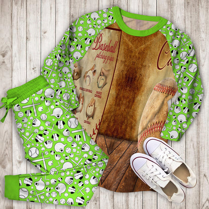 Baseball Pitching Grips Personalized Name Pajama Set | Pajamas | Cotton Sleepwear Sets | Soft Long Sleeve Pjs | Raglan Shirt and Pants Set