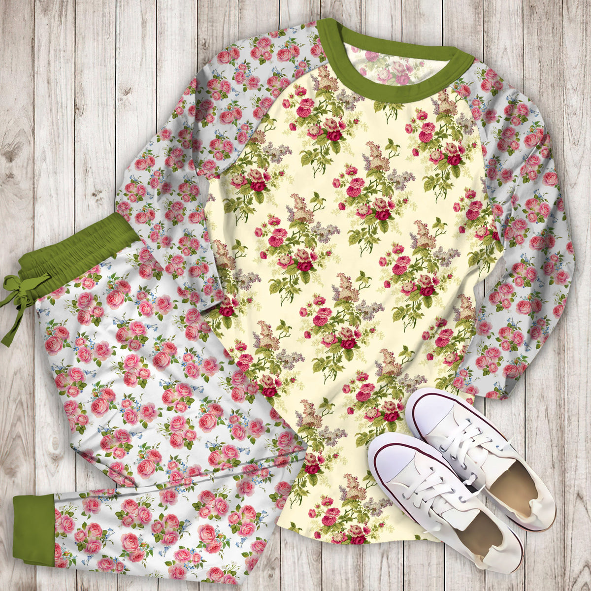 Rose Flower Pajama Set | Pajamas | Cotton Sleepwear Sets | Soft Long Sleeve Pjs | Raglan Shirt and Pants Set