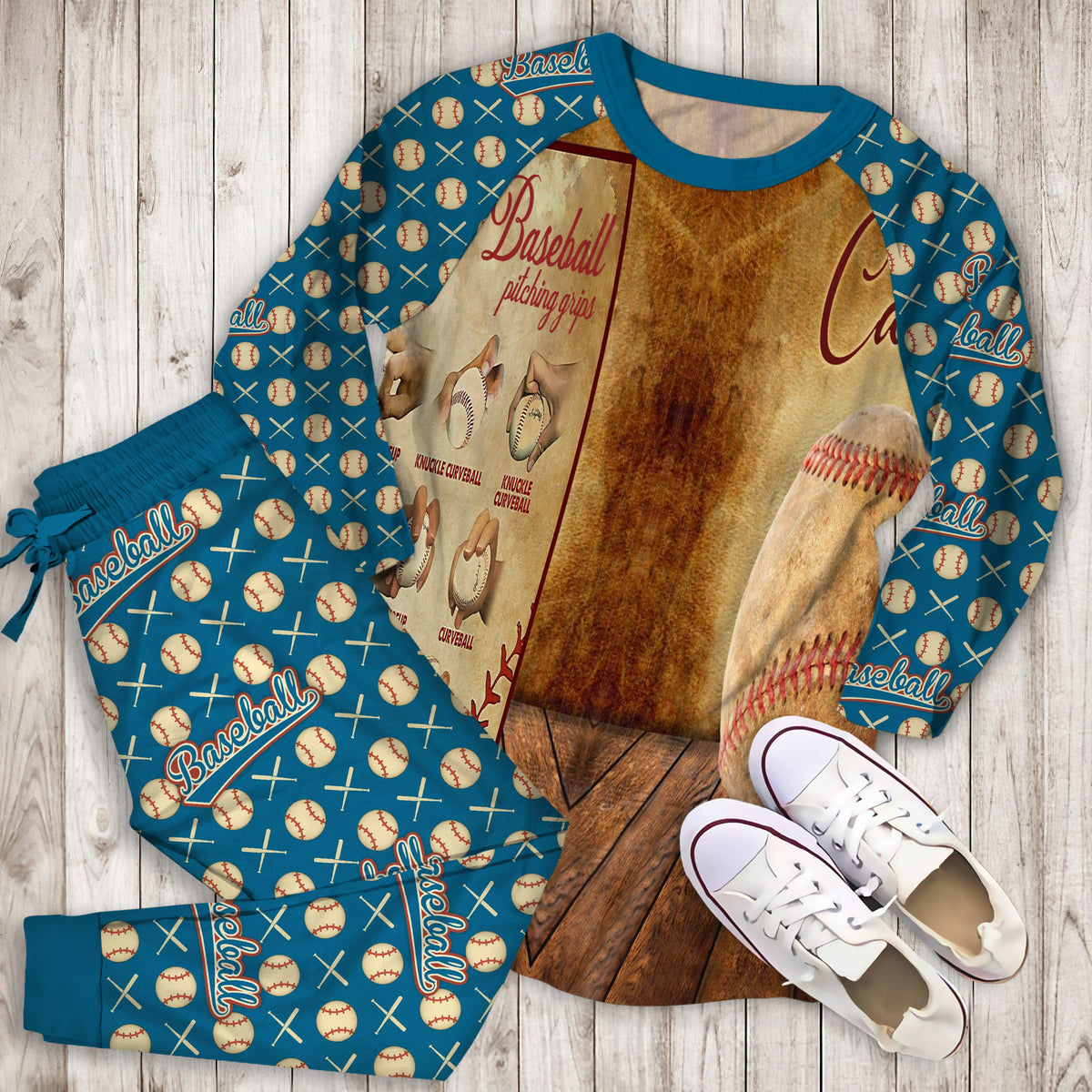 Baseball Pitching Grips Personalized Name Pajama Set | Pajamas | Cotton Sleepwear Sets | Soft Long Sleeve Pjs | Raglan Shirt and Pants Set