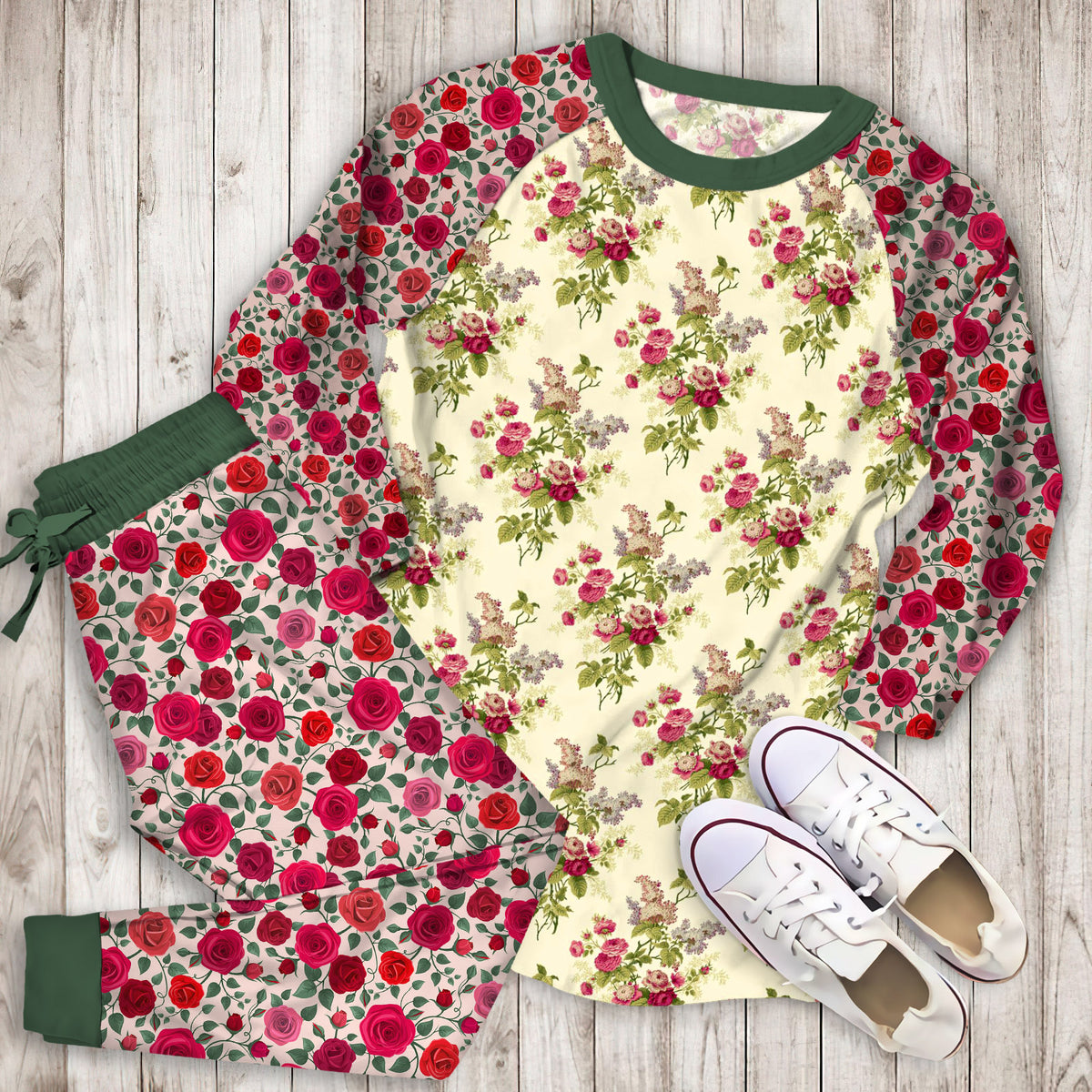 Rose Flower Pajama Set | Pajamas | Cotton Sleepwear Sets | Soft Long Sleeve Pjs | Raglan Shirt and Pants Set