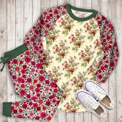 Rose Flower Pajama Set | Pajamas | Cotton Sleepwear Sets | Soft Long Sleeve Pjs | Raglan Shirt and Pants Set