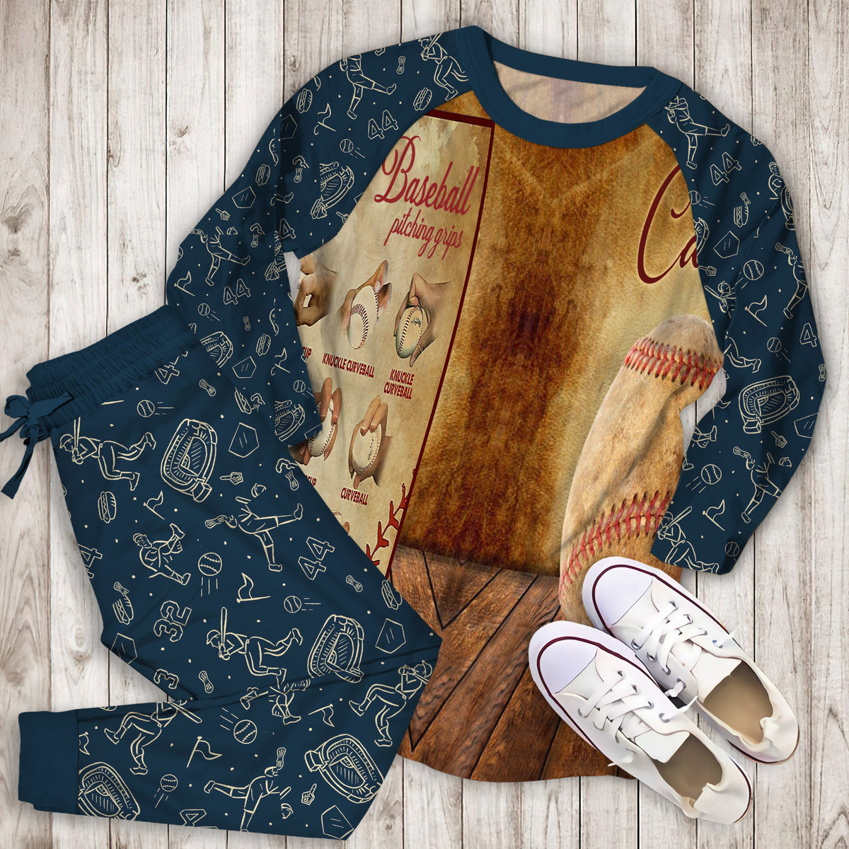 Baseball Pitching Grips Personalized Name Pajama Set | Pajamas | Cotton Sleepwear Sets | Soft Long Sleeve Pjs | Raglan Shirt and Pants Set