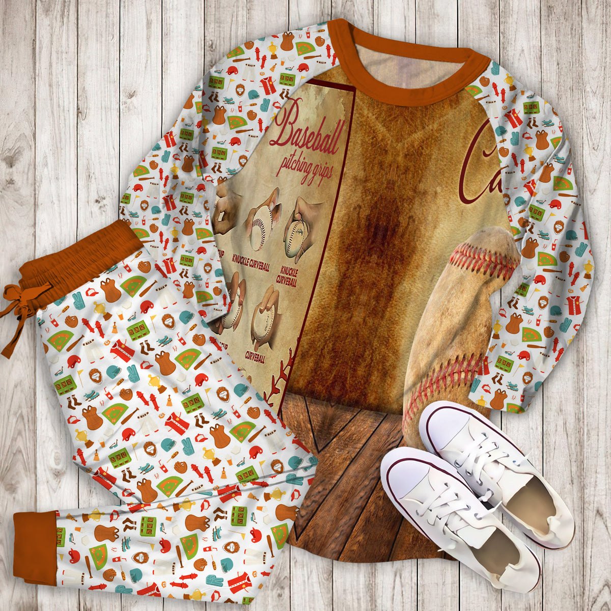 Baseball Pitching Grips Personalized Name Pajama Set | Pajamas | Cotton Sleepwear Sets | Soft Long Sleeve Pjs | Raglan Shirt and Pants Set