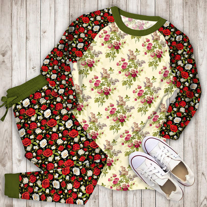 Rose Flower Pajama Set | Pajamas | Cotton Sleepwear Sets | Soft Long Sleeve Pjs | Raglan Shirt and Pants Set