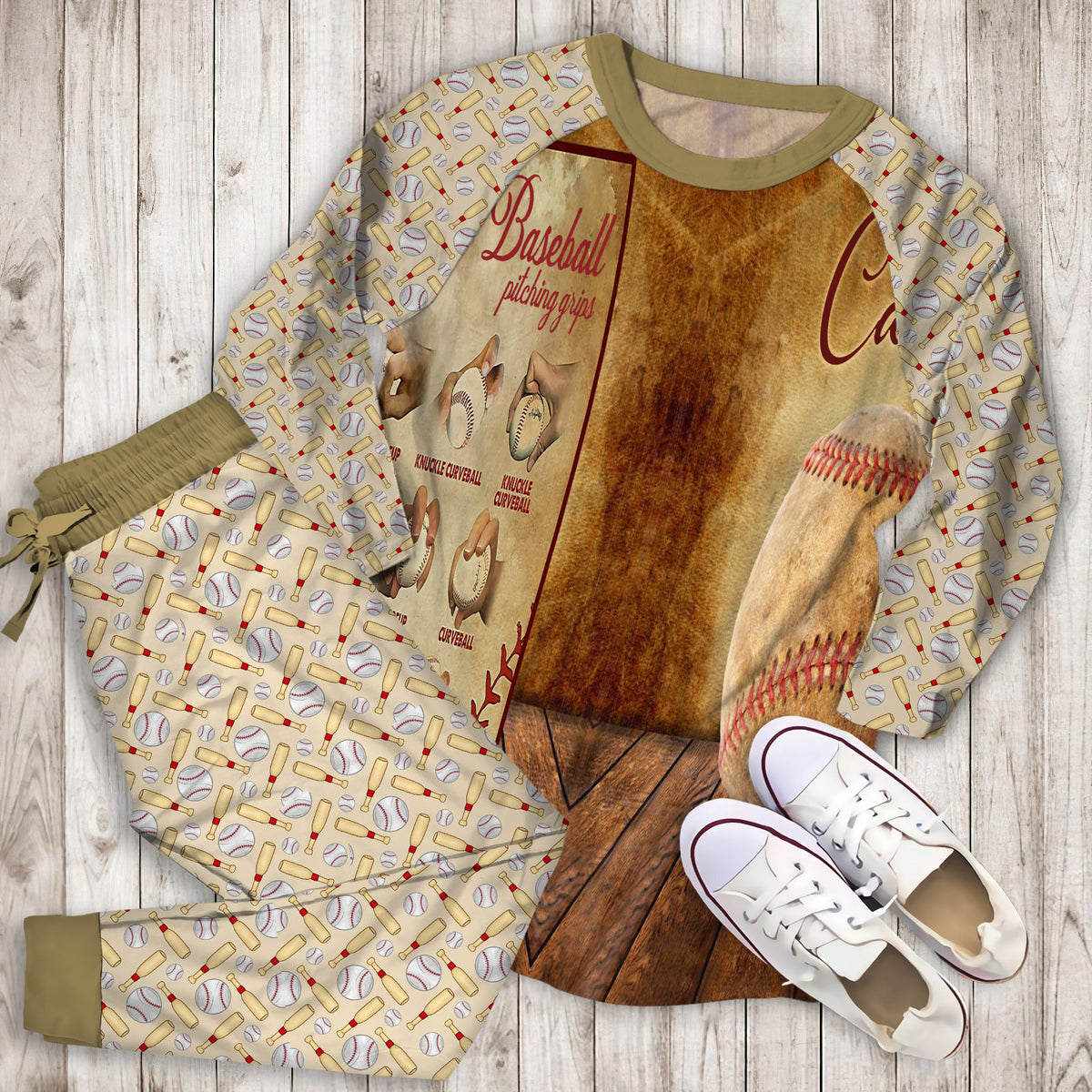 Baseball Pitching Grips Personalized Name Pajama Set | Pajamas | Cotton Sleepwear Sets | Soft Long Sleeve Pjs | Raglan Shirt and Pants Set