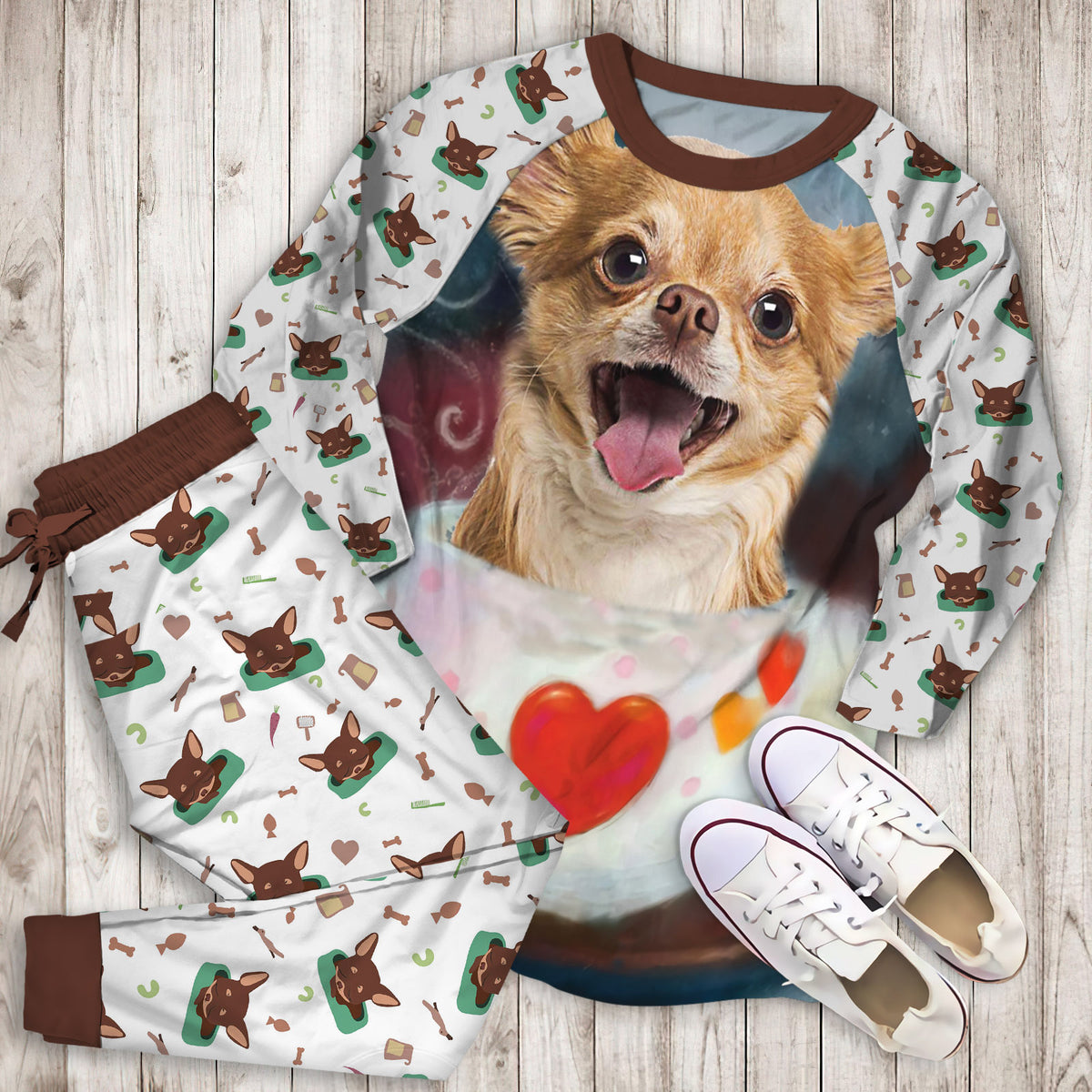 Chihuahua Heart Pajama Set |Sleepwear Pjs Sets | Raglan Shirt Pants Set