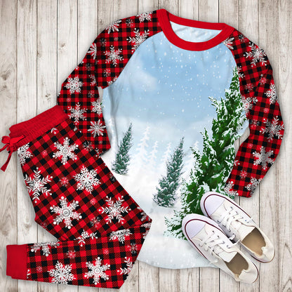 Winter Pine Forest Snow Pajama Set | Pajamas | Cotton Sleepwear Sets | Soft Long Sleeve Pjs | Raglan Shirt and Pants Set