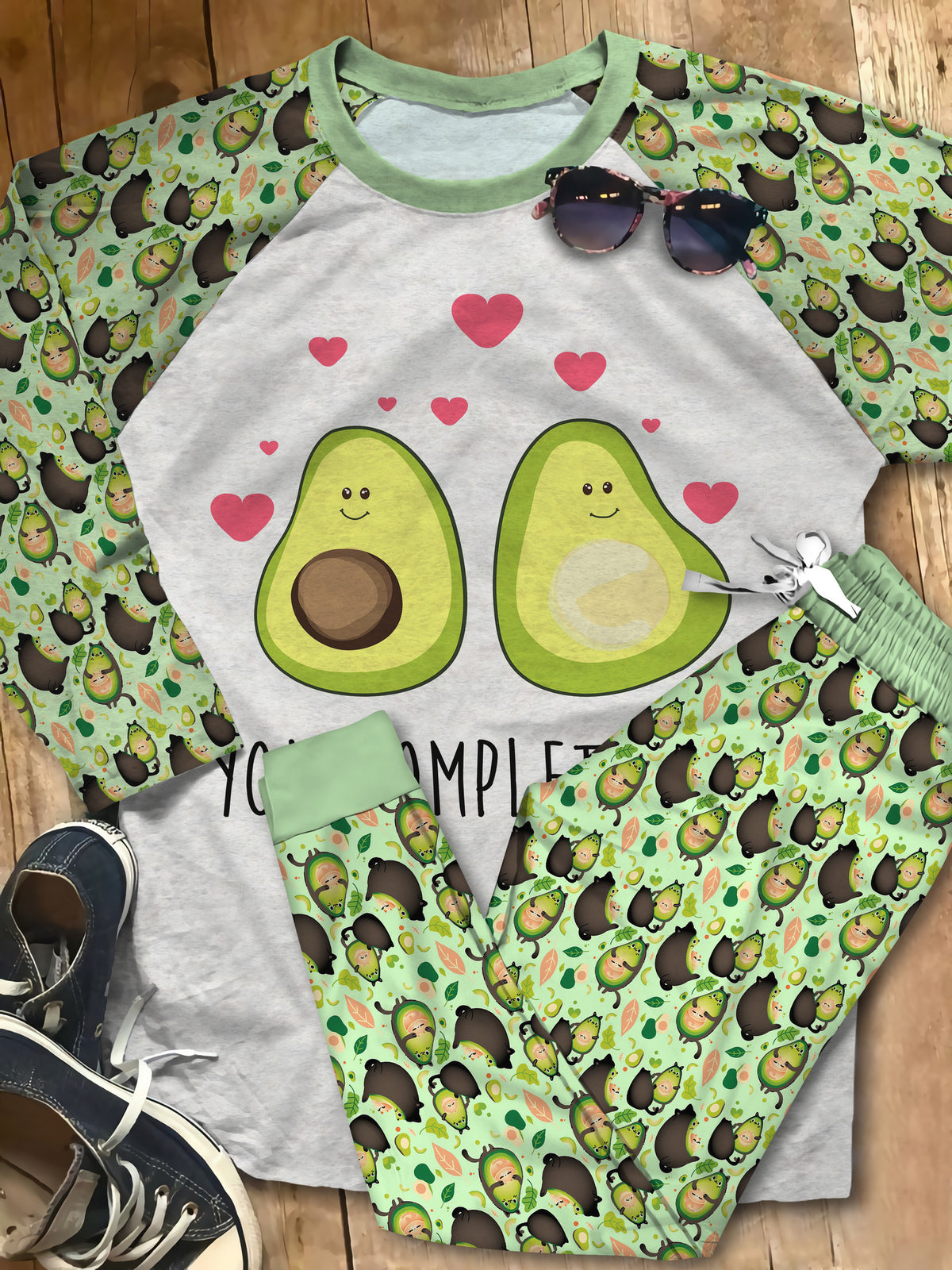 Avocado You Complete Me Pajama Set |Sleepwear Pjs Sets | Raglan Shirt Pants Set