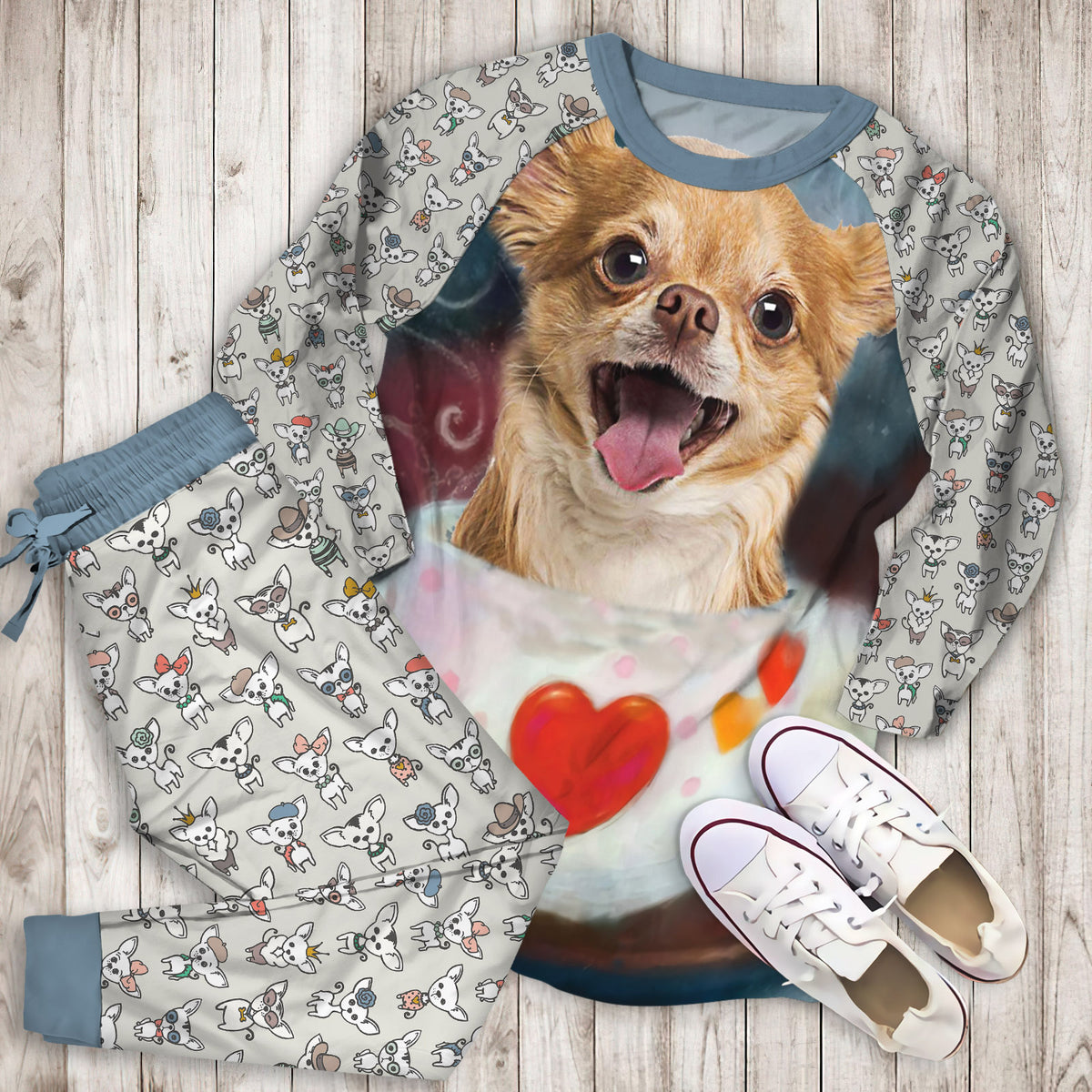 Chihuahua Heart Pajama Set |Sleepwear Pjs Sets | Raglan Shirt Pants Set