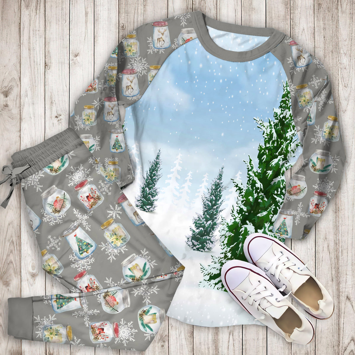 Winter Pine Forest Snow Pajama Set | Pajamas | Cotton Sleepwear Sets | Soft Long Sleeve Pjs | Raglan Shirt and Pants Set