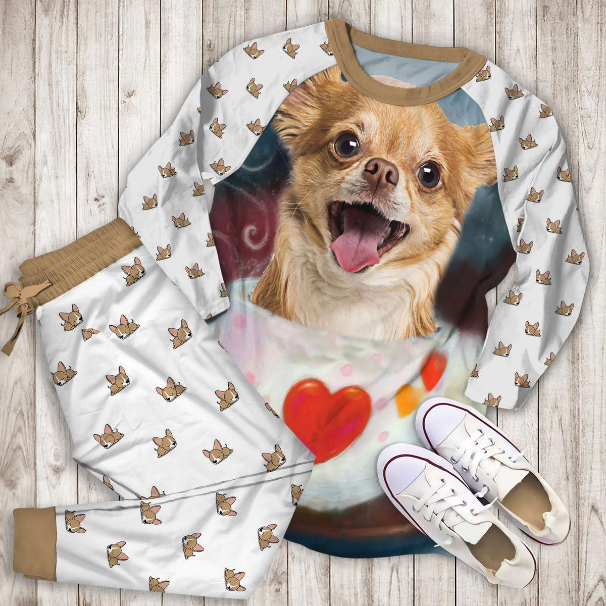 Chihuahua Heart Pajama Set |Sleepwear Pjs Sets | Raglan Shirt Pants Set