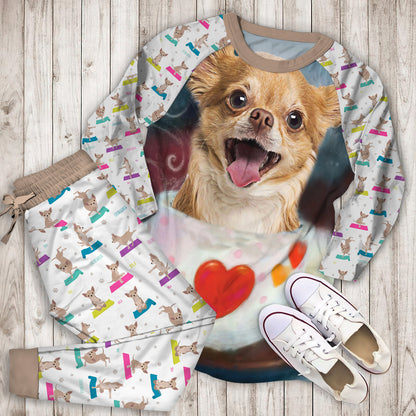 Chihuahua Heart Pajama Set |Sleepwear Pjs Sets | Raglan Shirt Pants Set
