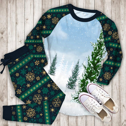 Winter Pine Forest Snow Pajama Set | Pajamas | Cotton Sleepwear Sets | Soft Long Sleeve Pjs | Raglan Shirt and Pants Set