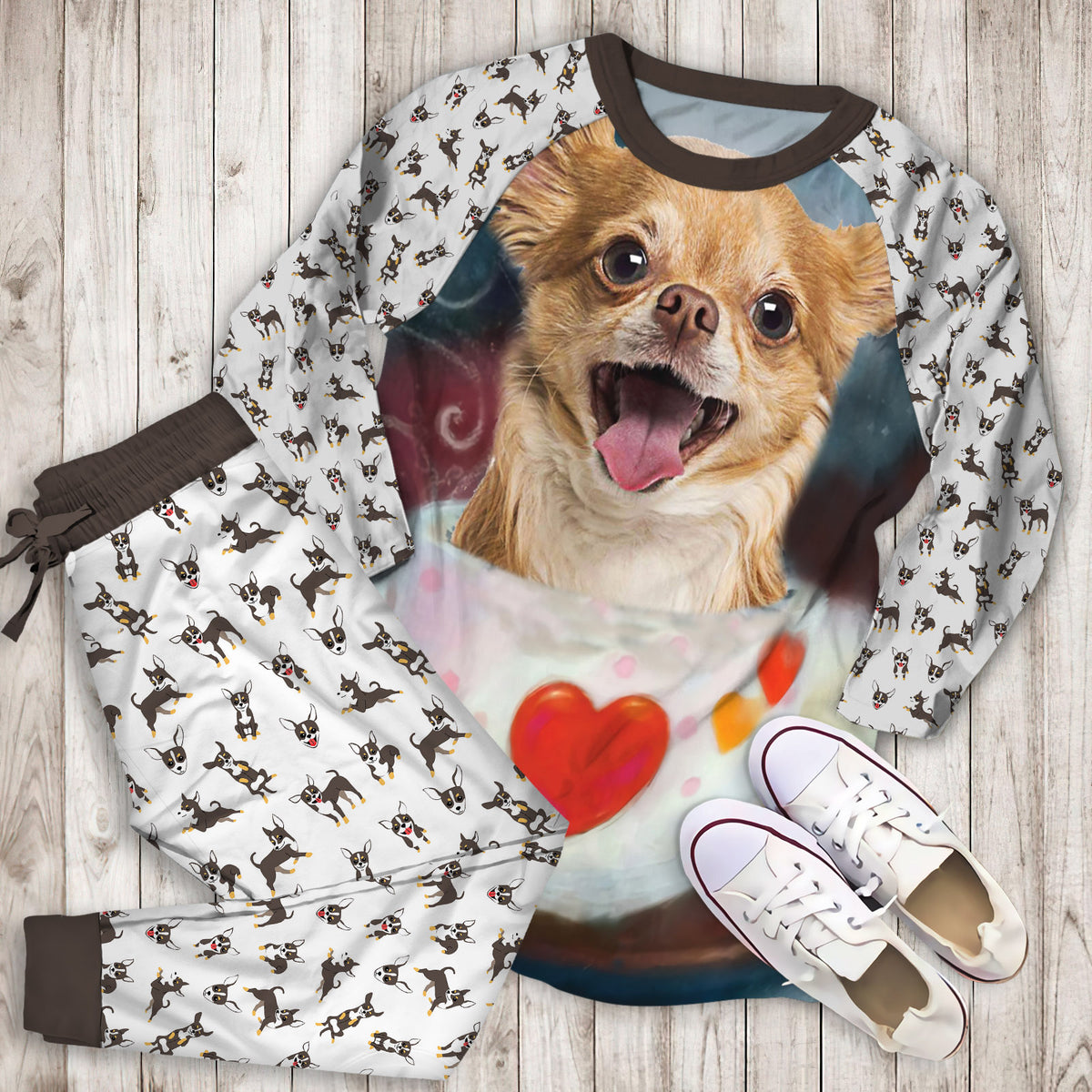Chihuahua Heart Pajama Set |Sleepwear Pjs Sets | Raglan Shirt Pants Set