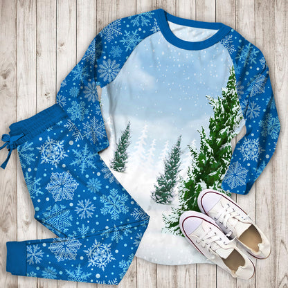 Winter Pine Forest Snow Pajama Set | Pajamas | Cotton Sleepwear Sets | Soft Long Sleeve Pjs | Raglan Shirt and Pants Set