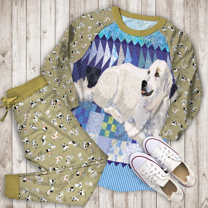 White Dog Pajama Set | Pajamas | Cotton Sleepwear Sets | Soft Long Sleeve Pjs | Raglan Shirt and Pants Set