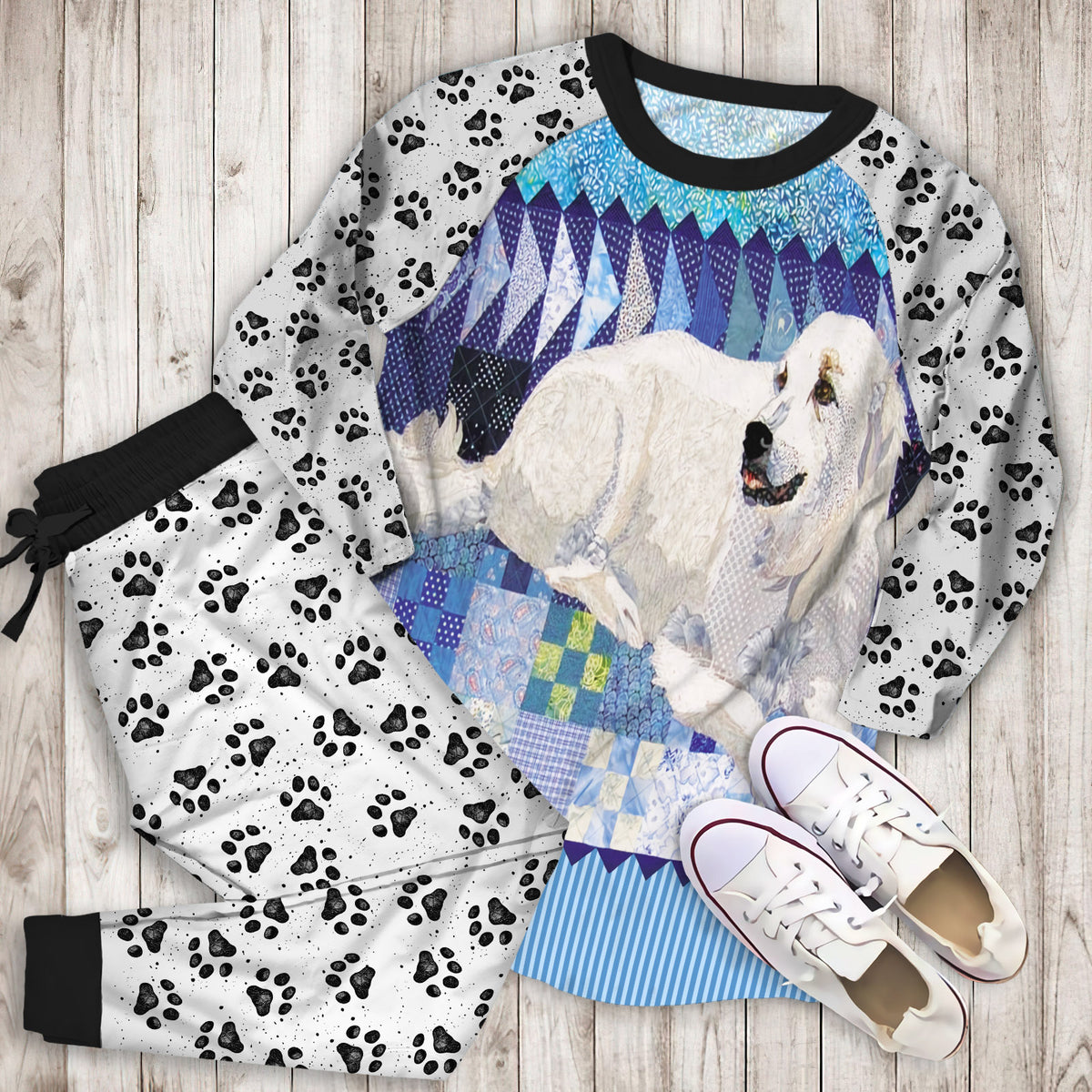 White Dog Pajama Set | Pajamas | Cotton Sleepwear Sets | Soft Long Sleeve Pjs | Raglan Shirt and Pants Set