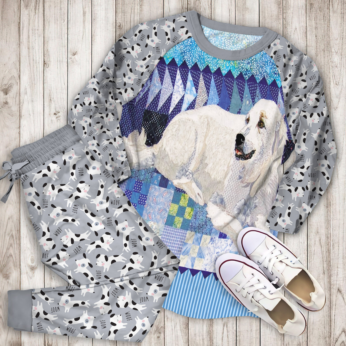 White Dog Pajama Set | Pajamas | Cotton Sleepwear Sets | Soft Long Sleeve Pjs | Raglan Shirt and Pants Set