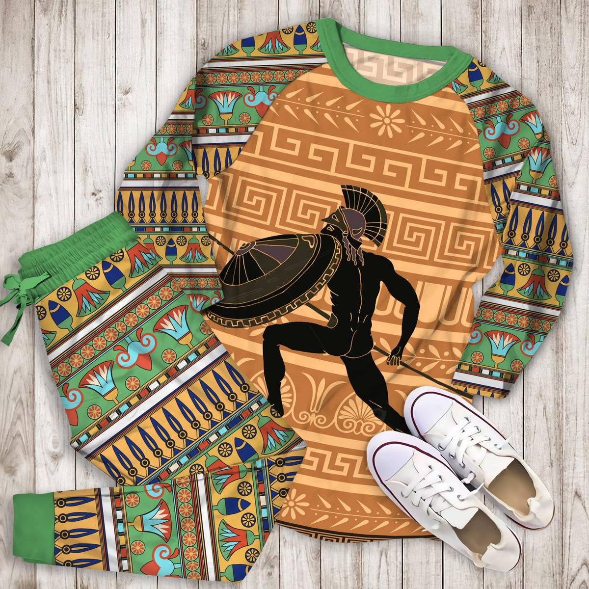 Ancient Greek Black Warrior Pajama Set |Sleepwear Pjs Sets | Raglan Shirt Pants Set