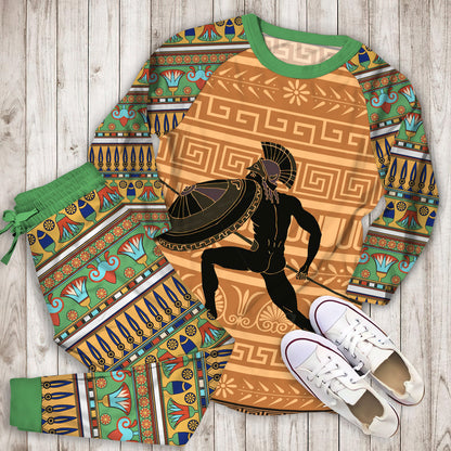 Ancient Greek Black Warrior Pajama Set |Sleepwear Pjs Sets | Raglan Shirt Pants Set