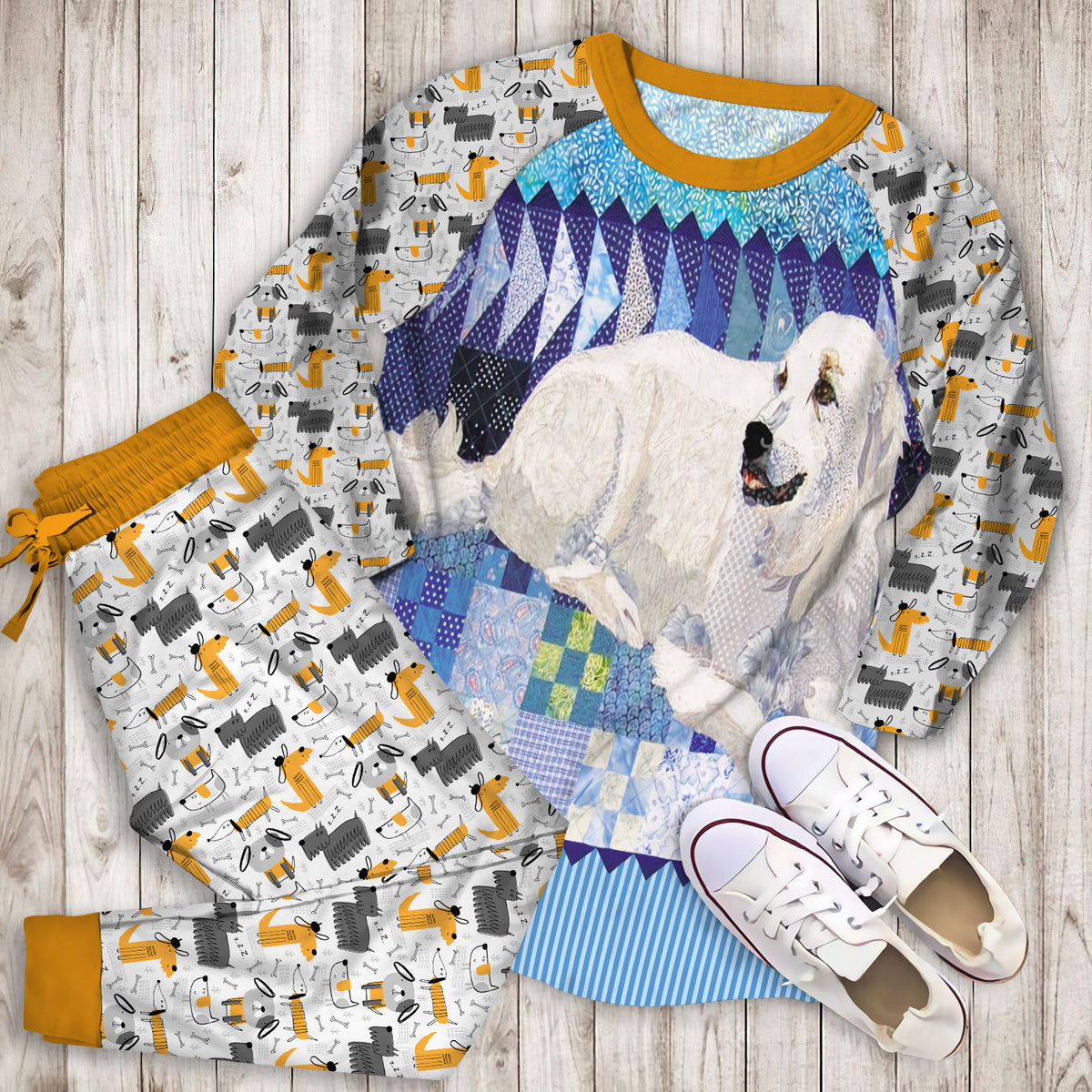 White Dog Pajama Set | Pajamas | Cotton Sleepwear Sets | Soft Long Sleeve Pjs | Raglan Shirt and Pants Set