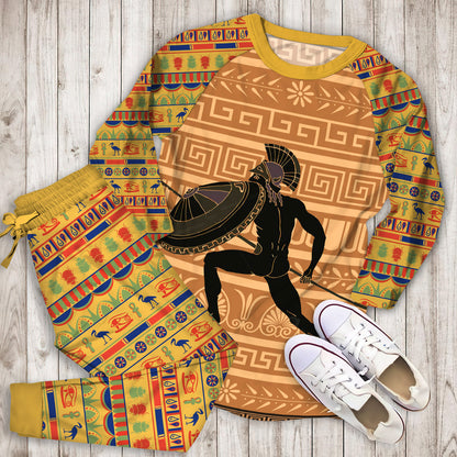 Ancient Greek Black Warrior Pajama Set |Sleepwear Pjs Sets | Raglan Shirt Pants Set