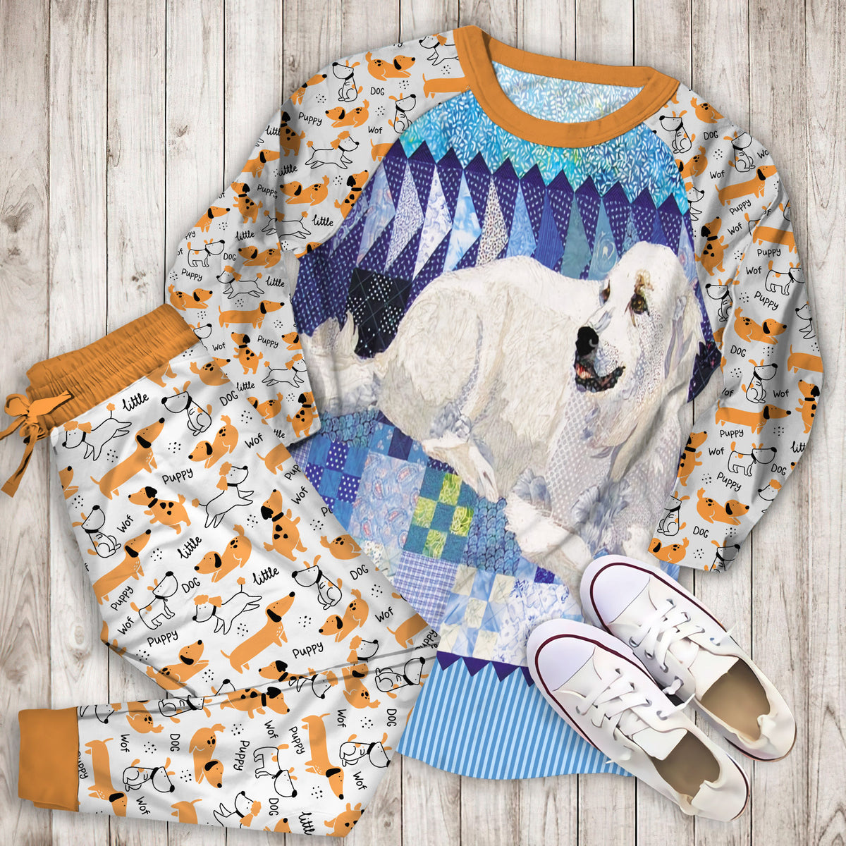 White Dog Pajama Set | Pajamas | Cotton Sleepwear Sets | Soft Long Sleeve Pjs | Raglan Shirt and Pants Set