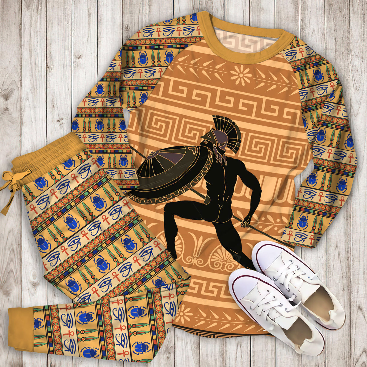 Ancient Greek Black Warrior Pajama Set |Sleepwear Pjs Sets | Raglan Shirt Pants Set