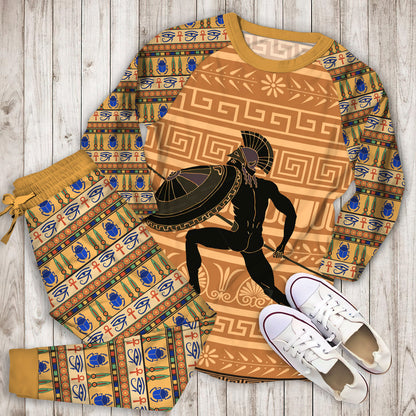 Ancient Greek Black Warrior Pajama Set |Sleepwear Pjs Sets | Raglan Shirt Pants Set