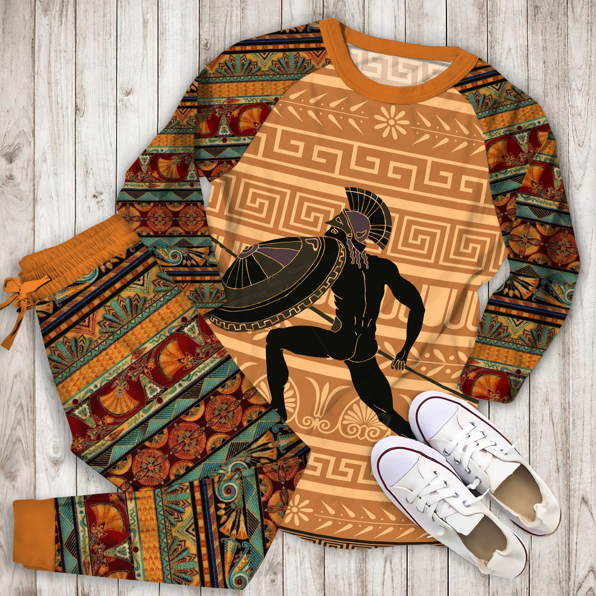 Ancient Greek Black Warrior Pajama Set |Sleepwear Pjs Sets | Raglan Shirt Pants Set