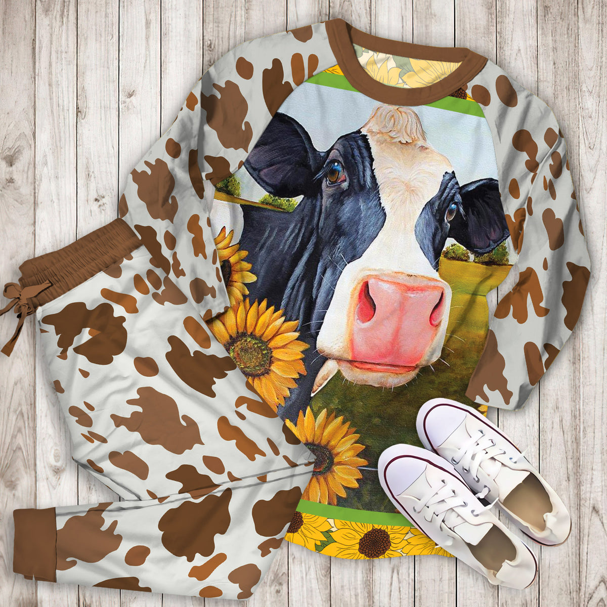 Cow Sunflower Pajama Set |Sleepwear Pjs Sets | Raglan Shirt Pants Set