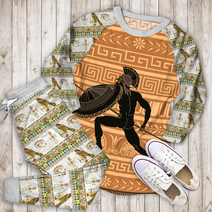Ancient Greek Black Warrior Pajama Set |Sleepwear Pjs Sets | Raglan Shirt Pants Set