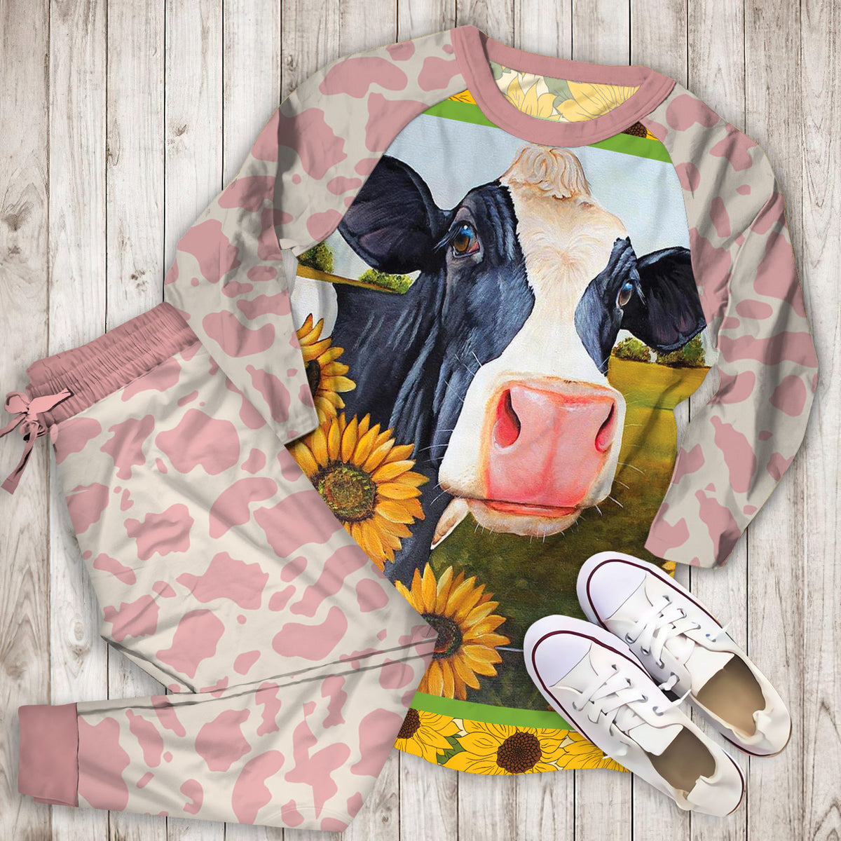Cow Sunflower Pajama Set |Sleepwear Pjs Sets | Raglan Shirt Pants Set