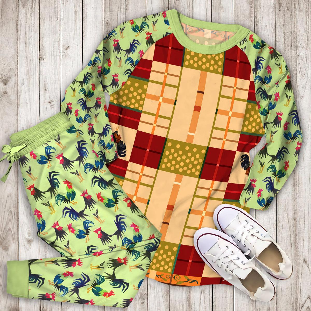 Rooster Pajama Set | Pajamas | Cotton Sleepwear Sets | Soft Long Sleeve Pjs | Raglan Shirt and Pants Set