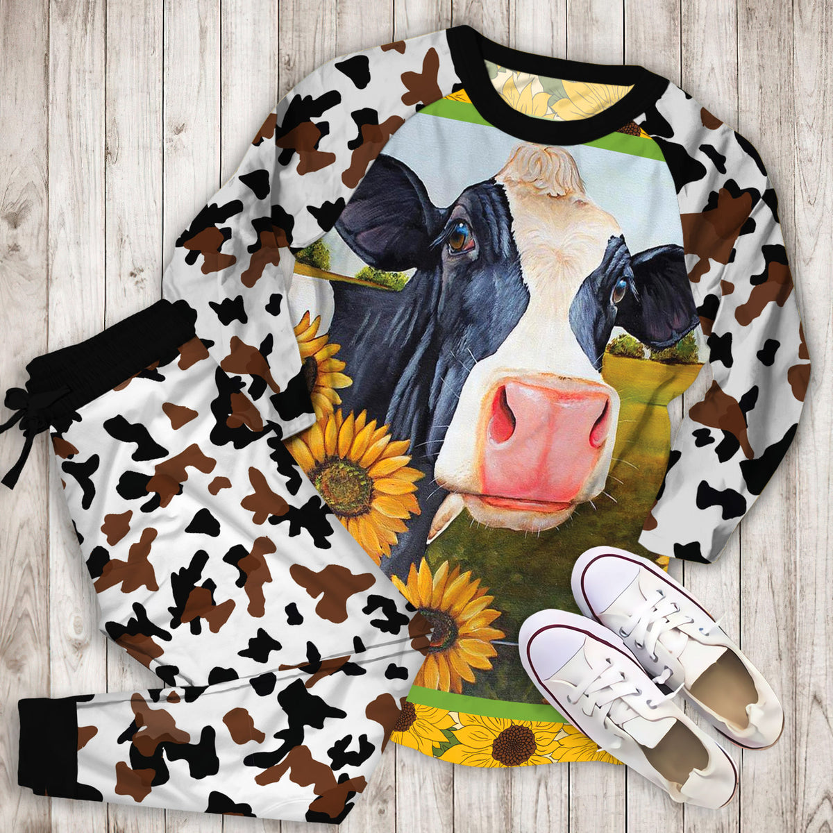 Cow Sunflower Pajama Set |Sleepwear Pjs Sets | Raglan Shirt Pants Set