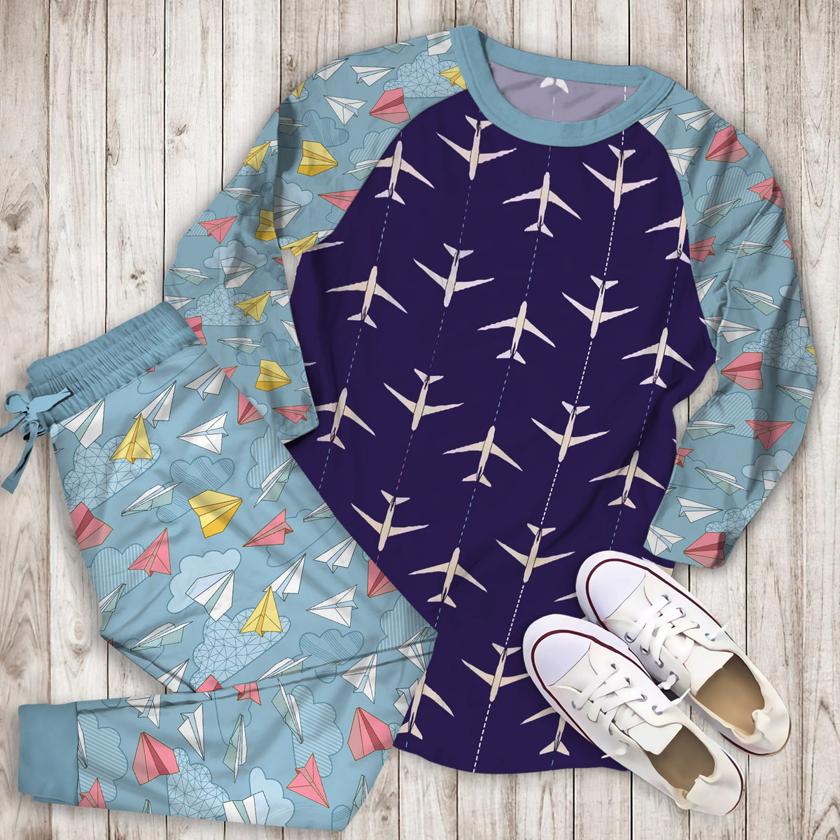 Airplane Pajama Set | Pajamas | Cotton Sleepwear Sets | Soft Long Sleeve Pjs | Raglan Shirt and Pants Set