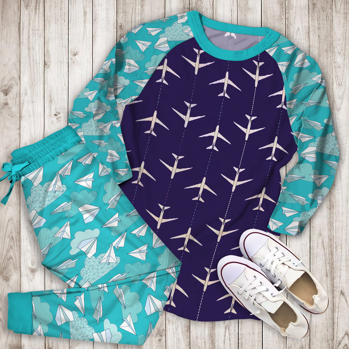 Airplane Pajama Set | Pajamas | Cotton Sleepwear Sets | Soft Long Sleeve Pjs | Raglan Shirt and Pants Set