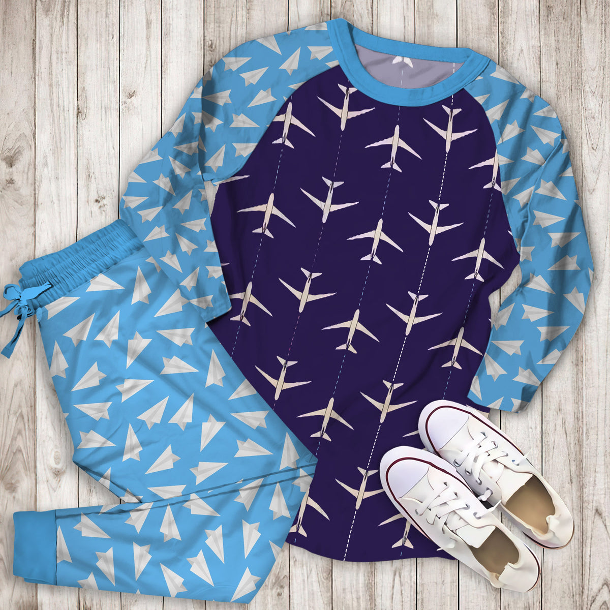 Airplane Pajama Set | Pajamas | Cotton Sleepwear Sets | Soft Long Sleeve Pjs | Raglan Shirt and Pants Set
