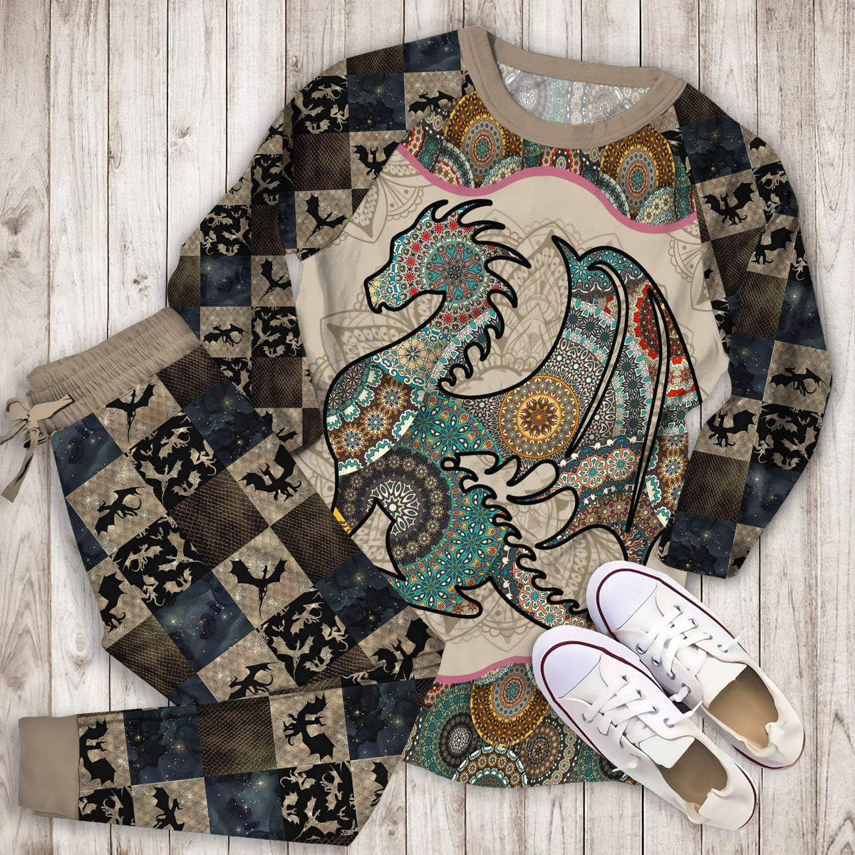 Loving Dragon Mandala Pajama Set |Sleepwear Pjs Sets | Raglan Shirt Pants Set