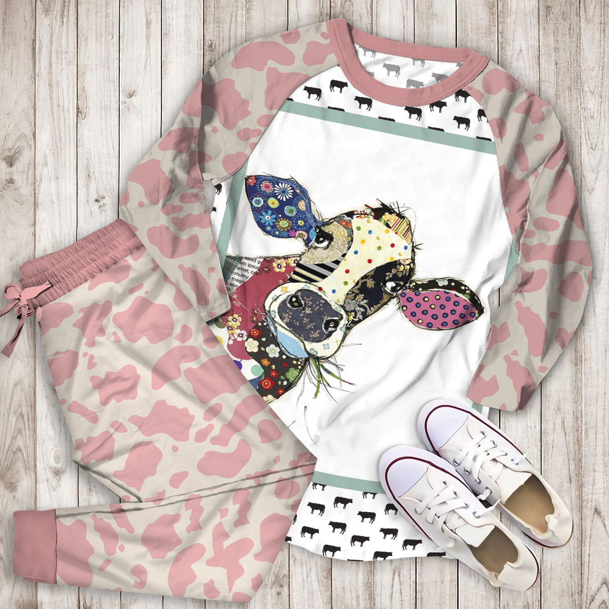 Cow Pajama Set | Pajamas | Cotton Sleepwear Sets | Soft Long Sleeve Pjs | Raglan Shirt and Pants Set