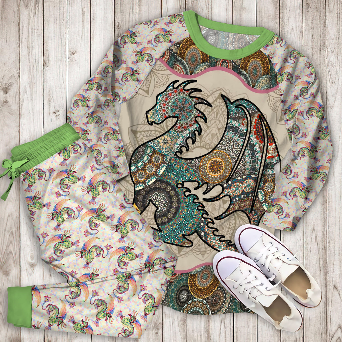 Loving Dragon Mandala Pajama Set |Sleepwear Pjs Sets | Raglan Shirt Pants Set