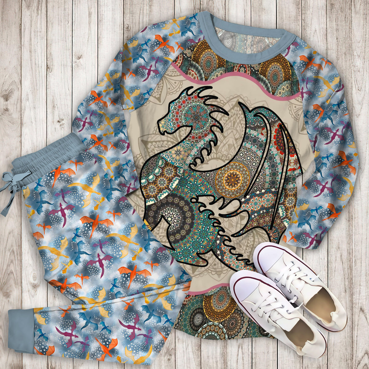 Loving Dragon Mandala Pajama Set |Sleepwear Pjs Sets | Raglan Shirt Pants Set
