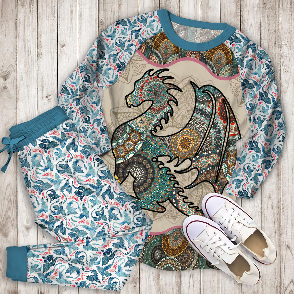 Loving Dragon Mandala Pajama Set |Sleepwear Pjs Sets | Raglan Shirt Pants Set